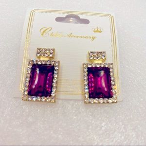 Earrings Art Deco Magenta and Crystals. Pierced
